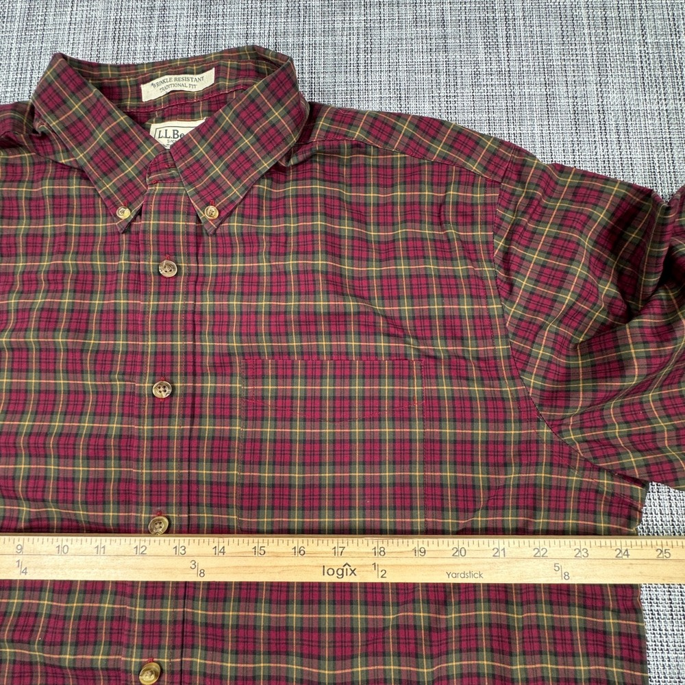 LL Bean Mens Shirt Wrinkle Resistant Traditional Fit Plaid Cotton Burgundy L REG - Picture 5 of 8